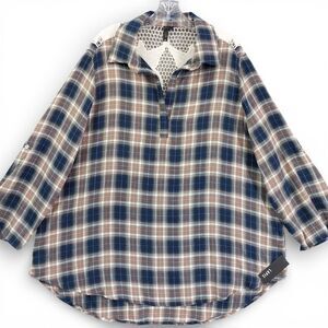 Anthropologie LAPIS Plaid Flannel Shirt Lace Back Tunic Top 2X Boho Cottagecore